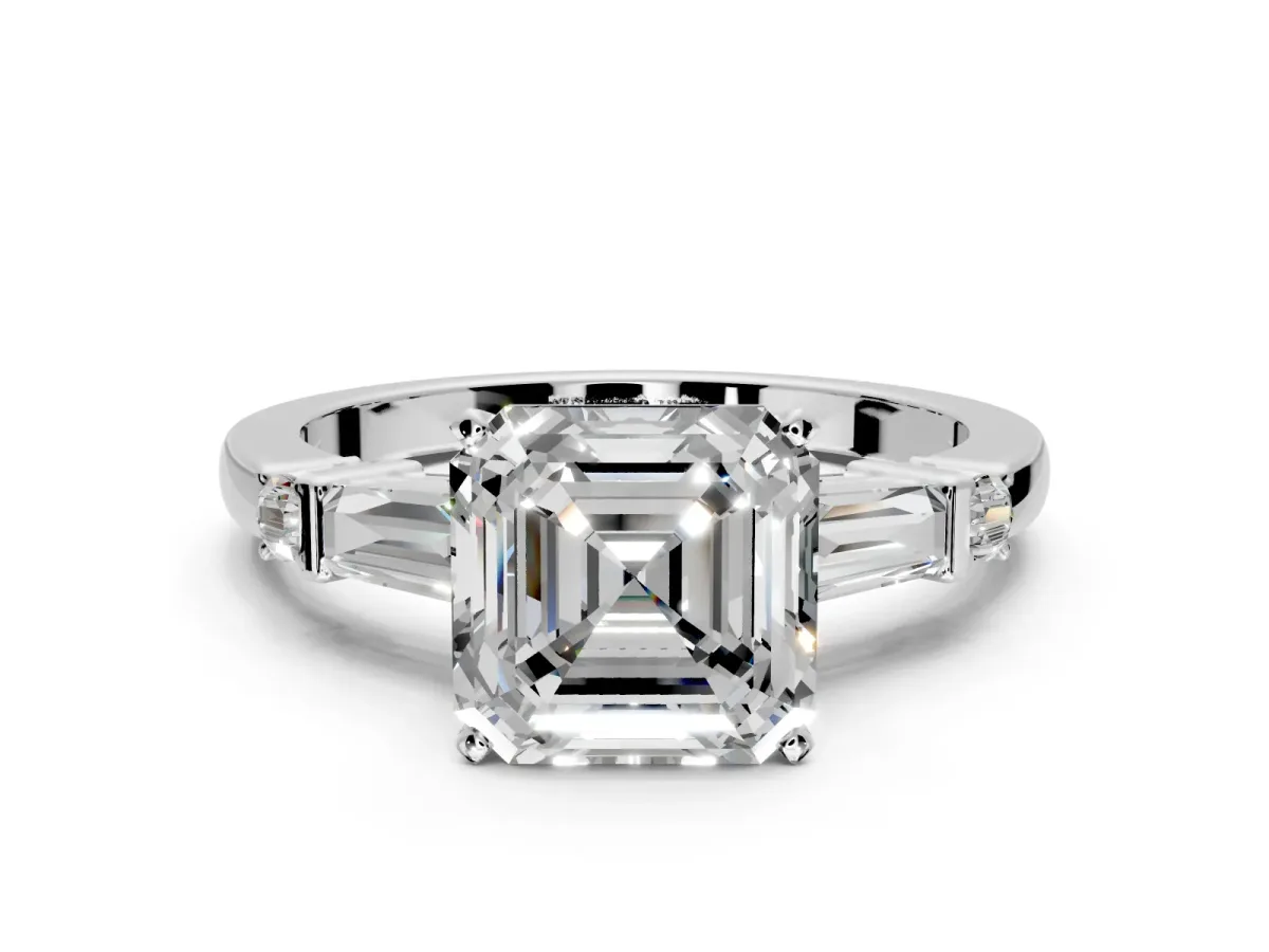 Bar-Set Engagement Ring Setting for Asscher Cut Center with Tapered Baguette Accents and Prong Head in Platinum