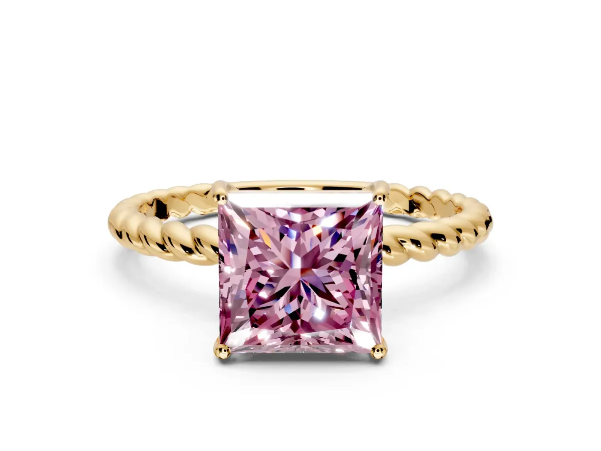 Solitaire Engagement Ring Setting for Fancy Pink Princess Cut Center with Plain Twisted Rope Band and Prong Head in Yellow Gold