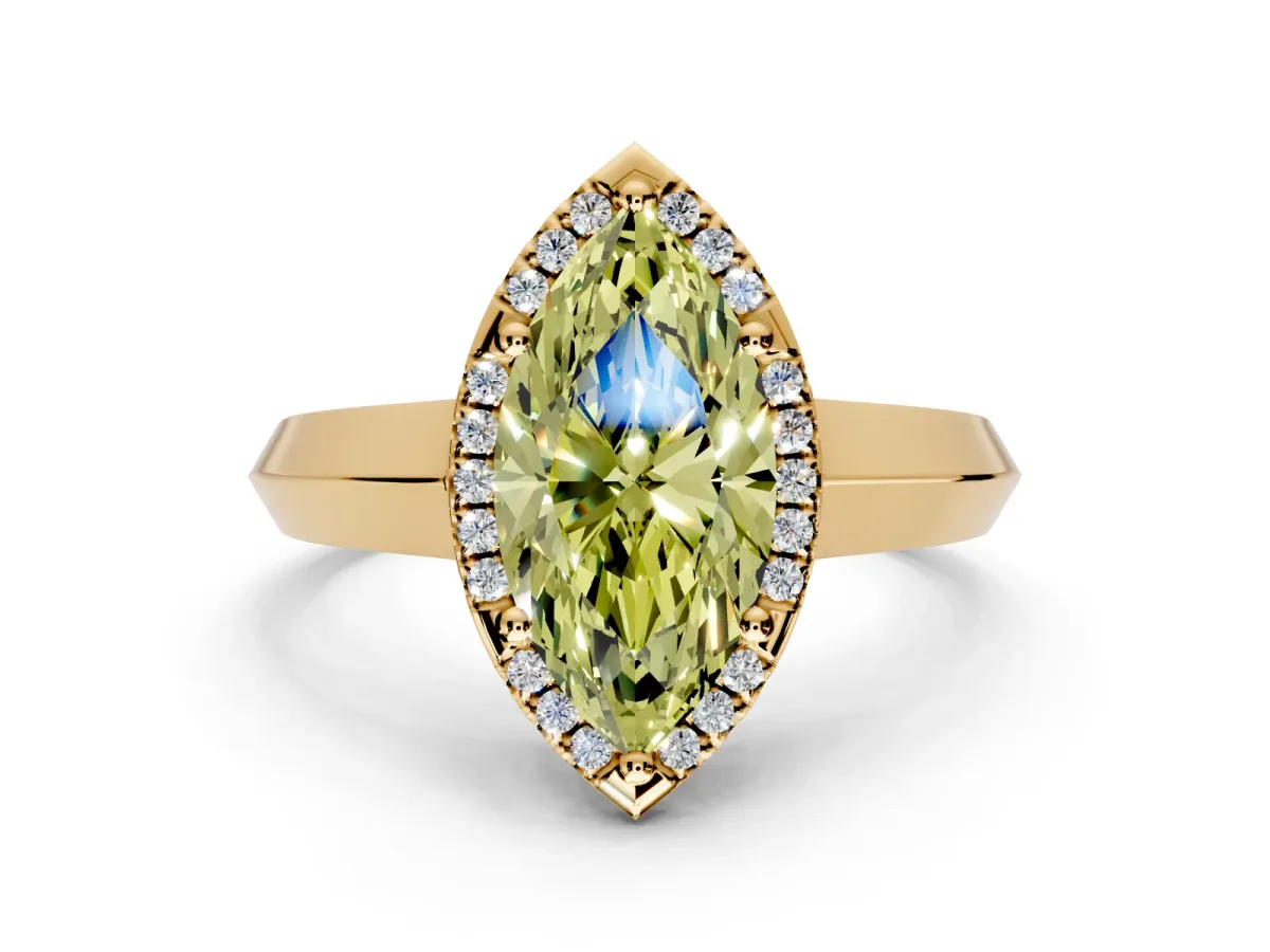 Halo Engagement Ring Setting for Fancy Yellow Marquise Center with Knife Ridge Cathedral Band and Prong Head in Yellow Gold