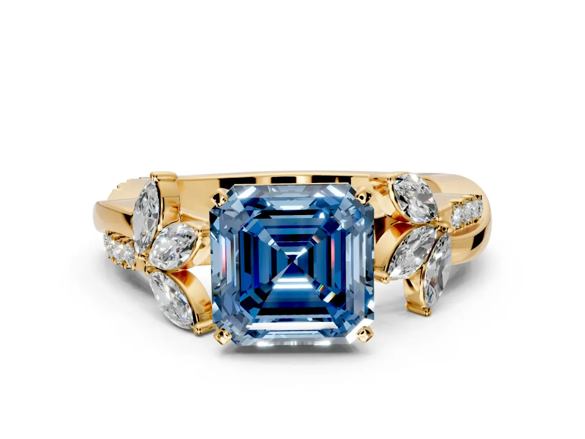 Floral Engagement Ring Setting for Fancy Blue Asscher Cut Center with Trailing Marquise Accents and Prong Head in Yellow Gold