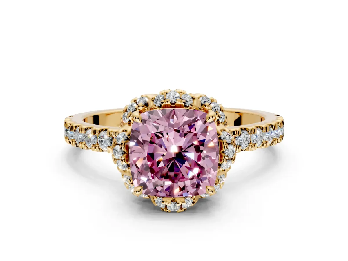 Halo Engagement Ring Setting for Fancy Pink Cushion Cut Center with Openwork Halo, Pave Band and Prong Head in Yellow Gold