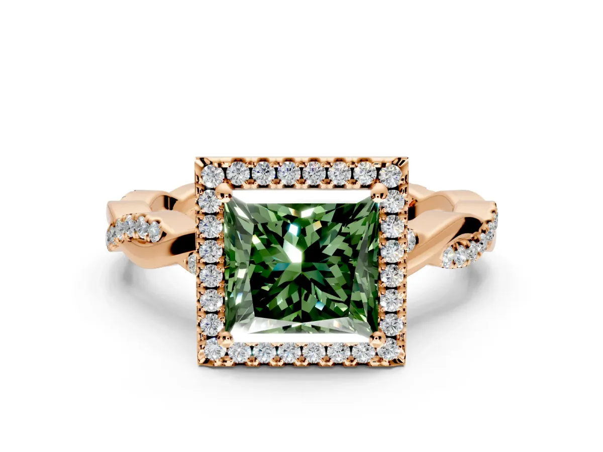 Halo Engagement Ring Setting for Fancy Green Princess Cut Center with Pave and Plain Twist Band and Prong Head in Rose Gold