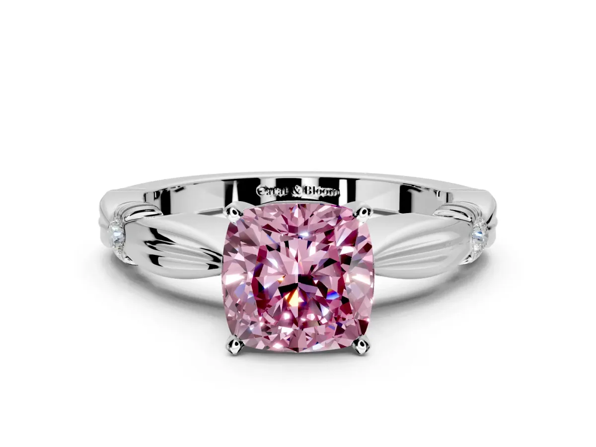 Solitaire Engagement Ring Setting for Fancy Pink Cushion Cut Center with Carved Leaf Shoulders and Prong Head in Platinum