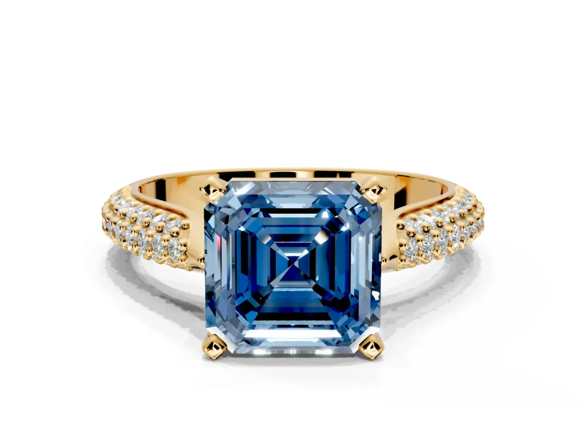 Solitaire Engagement Ring Setting for Fancy Blue Asscher Cut Center with Multi-Row Accents and Prong Head in Yellow Gold