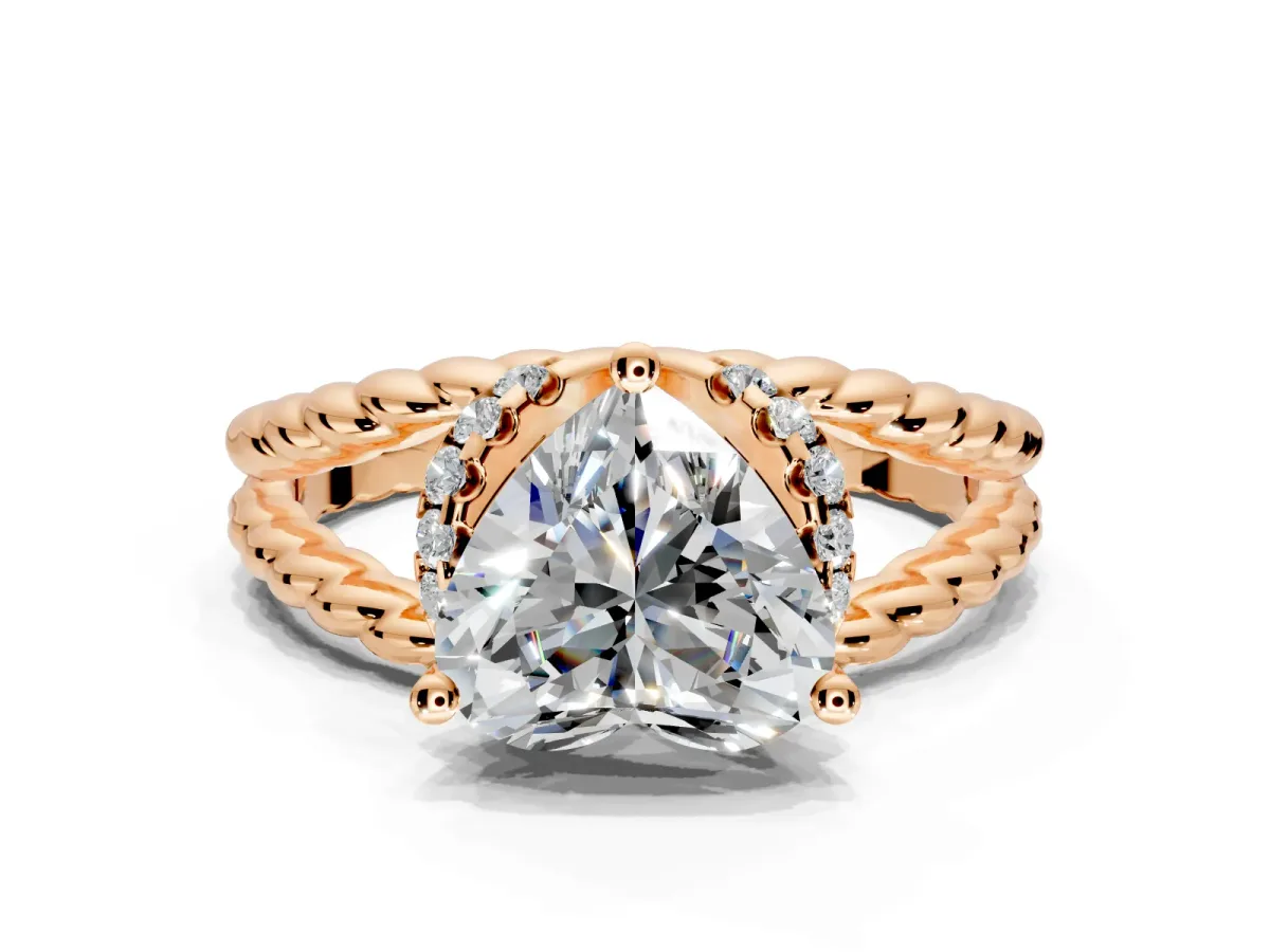 Halo Engagement Ring Setting for Heart-Shaped Center with Rope Twist Split Shank and Prong Head in Rose Gold