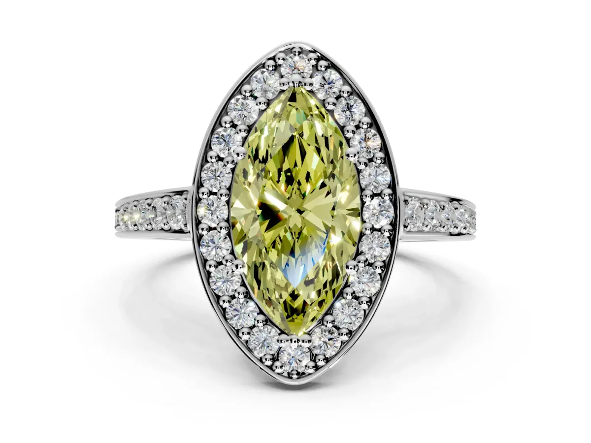Bezel-Framed Halo Engagement Ring Setting for Fancy Yellow Marquise Center with Pave Band and Prong Head in Platinum
