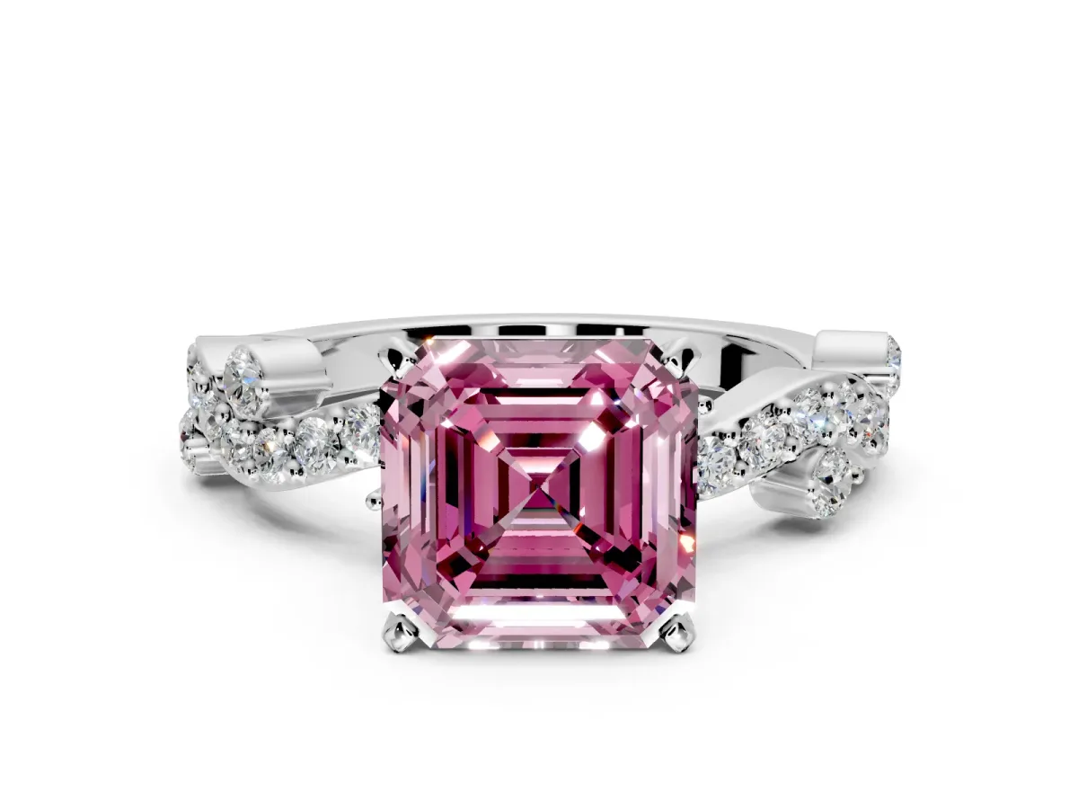 Solitaire Engagement Ring Setting for Fancy Pink Asscher Cut Center with Bar-Station Pave Twist and Prong Head in White Gold