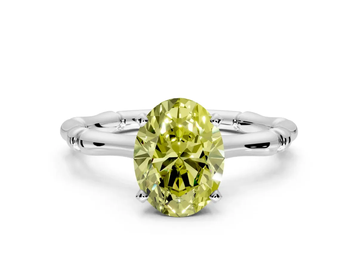 Solitaire Engagement Ring Setting for Fancy Yellow Oval Center with Bamboo Band and Prong Head in Platinum