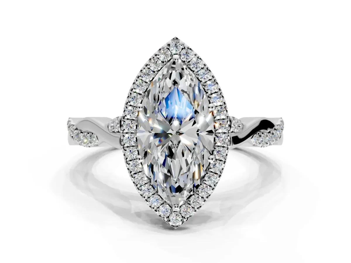 Halo Engagement Ring Setting for Marquise Center with Twist Band and Prong Head in Platinum
