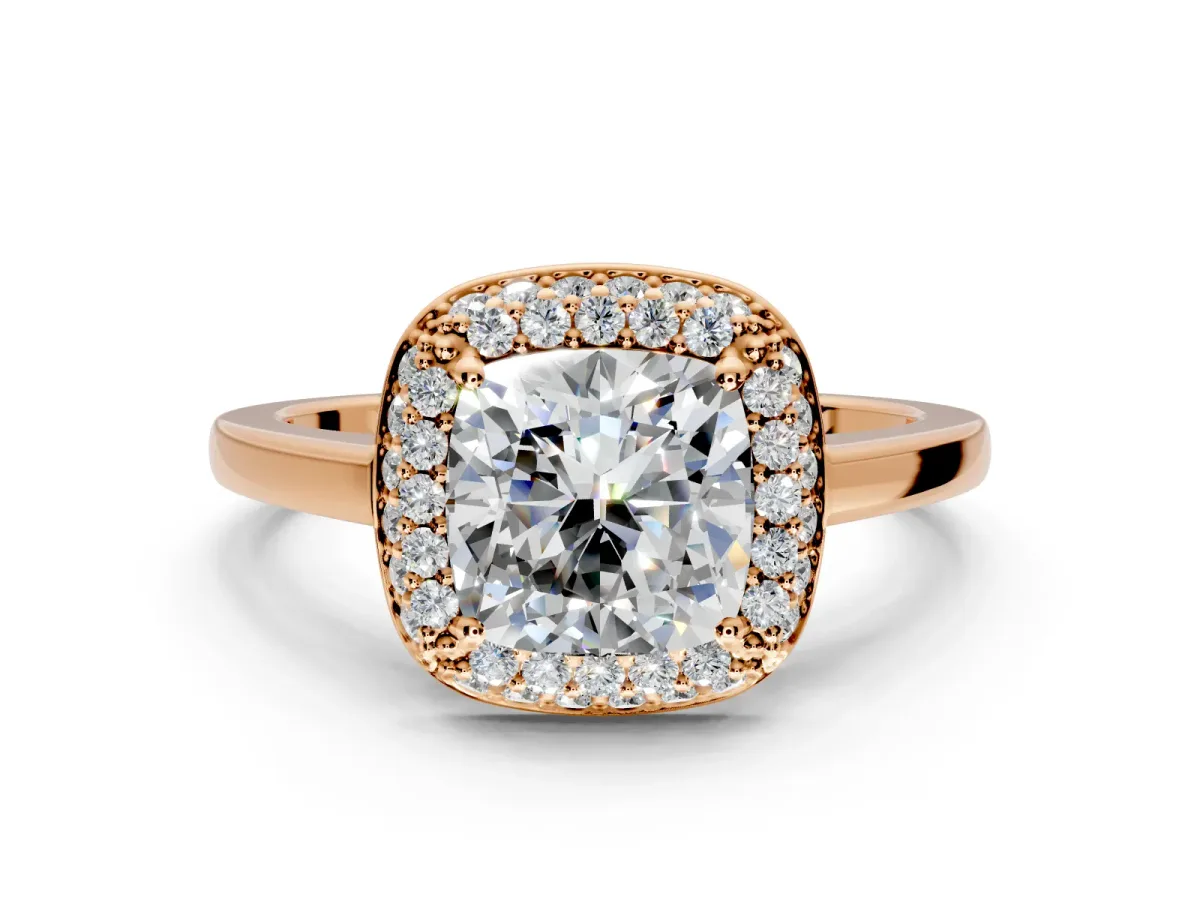 Halo Engagement Ring Setting for Cushion Cut Center with Plain Tapered Band and Prong Head in Rose Gold
