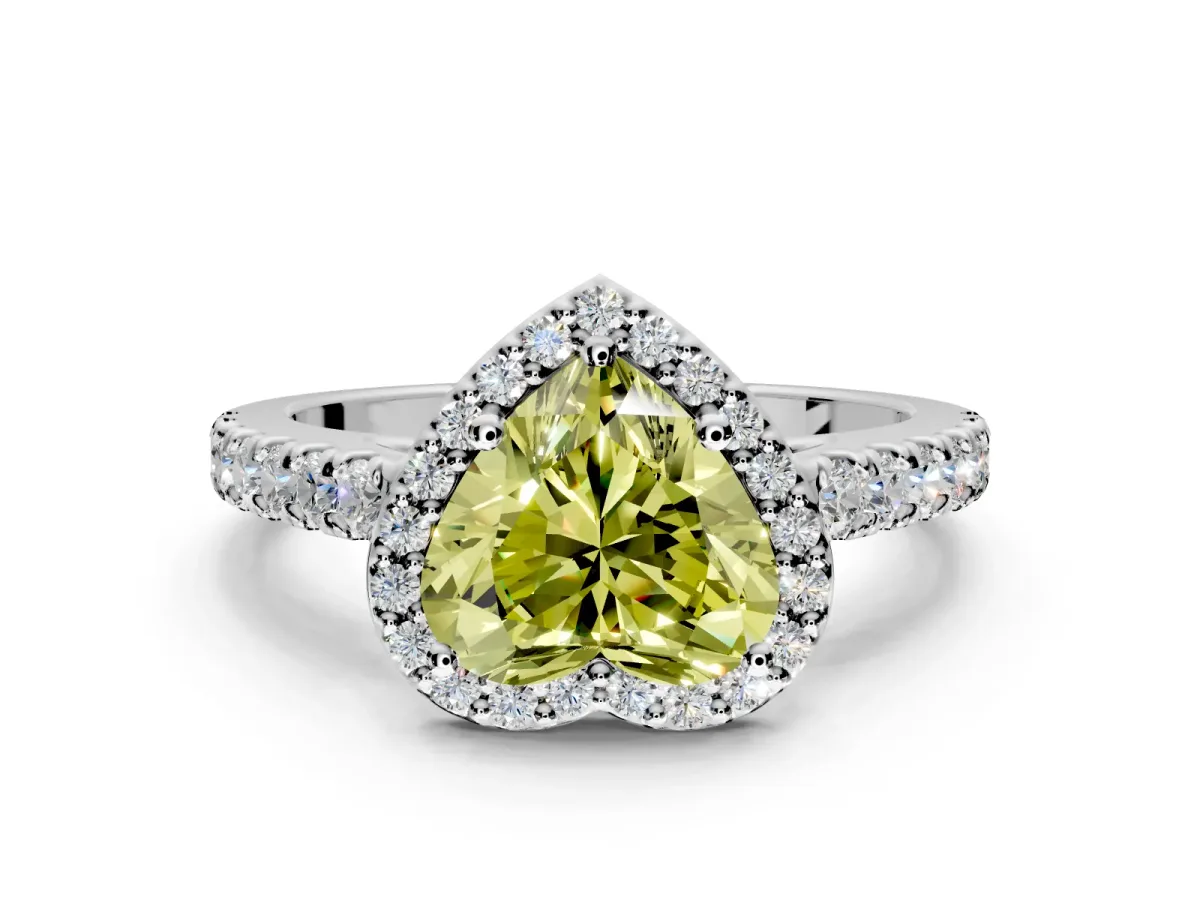 Halo Engagement Ring Setting for Fancy Yellow Heart-Shaped Center with Full Pave Band and Prong Head in White Gold