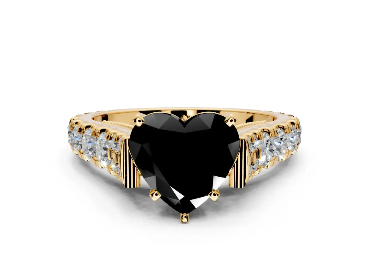 Solitaire Engagement Ring Setting for Fancy Black Heart-Shaped Center with Pave Cathedral Shoulders and Prong Head in Yellow Gold