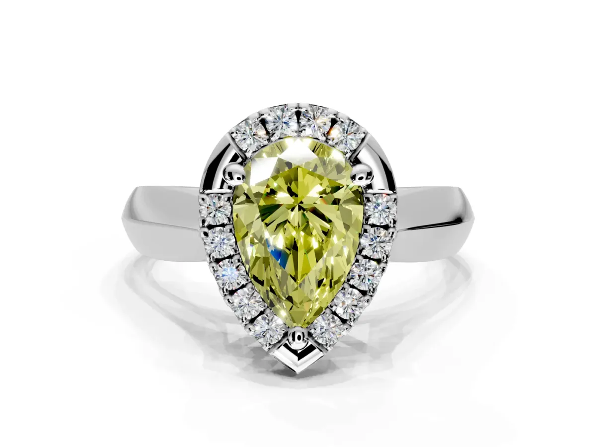 Halo Engagement Ring Setting for Fancy Yellow Pear-Shaped Center with Square Band and Prong Head in Sterling Silver