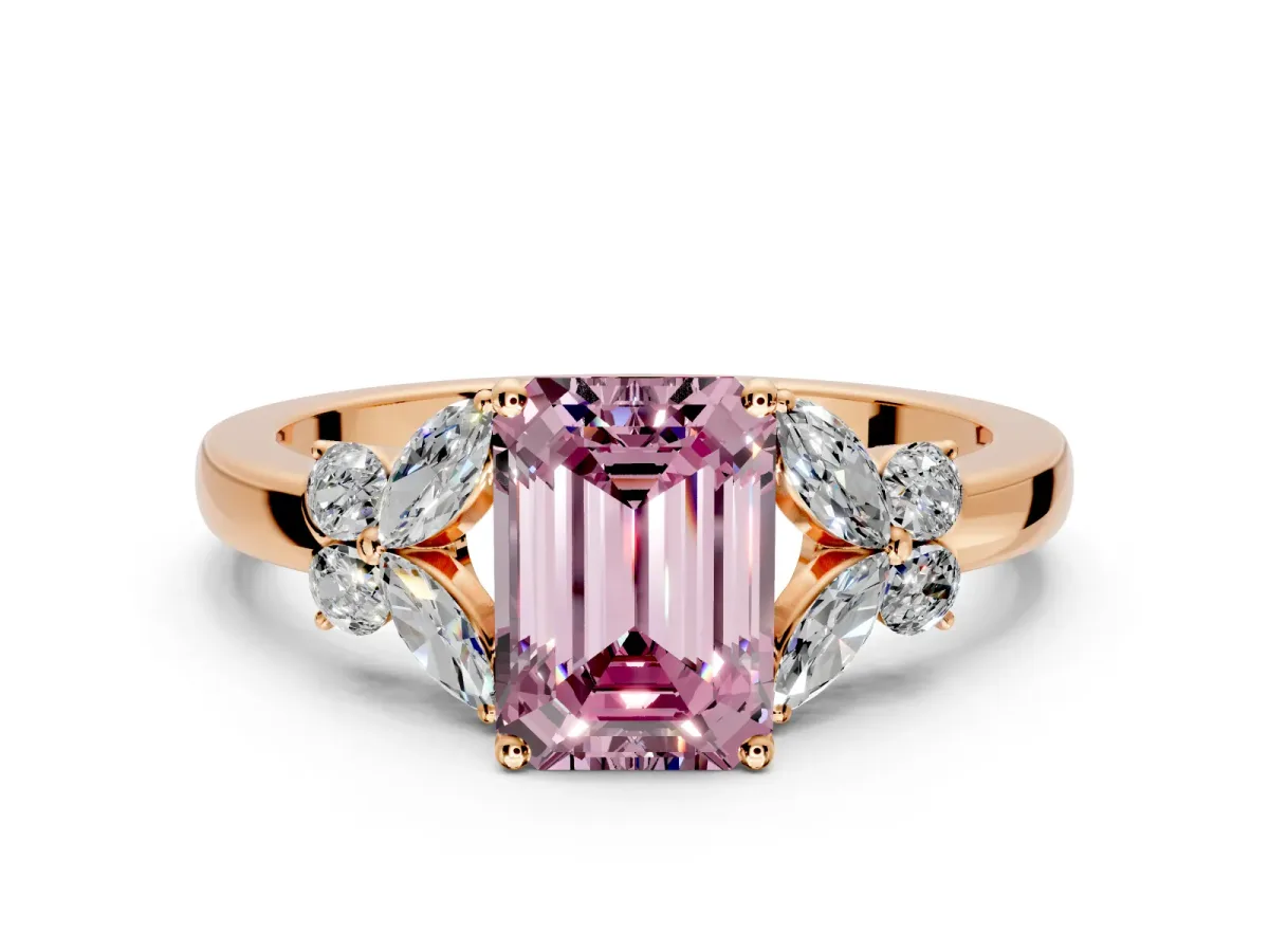 Solitaire Engagement Ring Setting for Fancy Pink Emerald Cut Center with Marquise Flower Shoulders and Prong Head in Rose Gold
