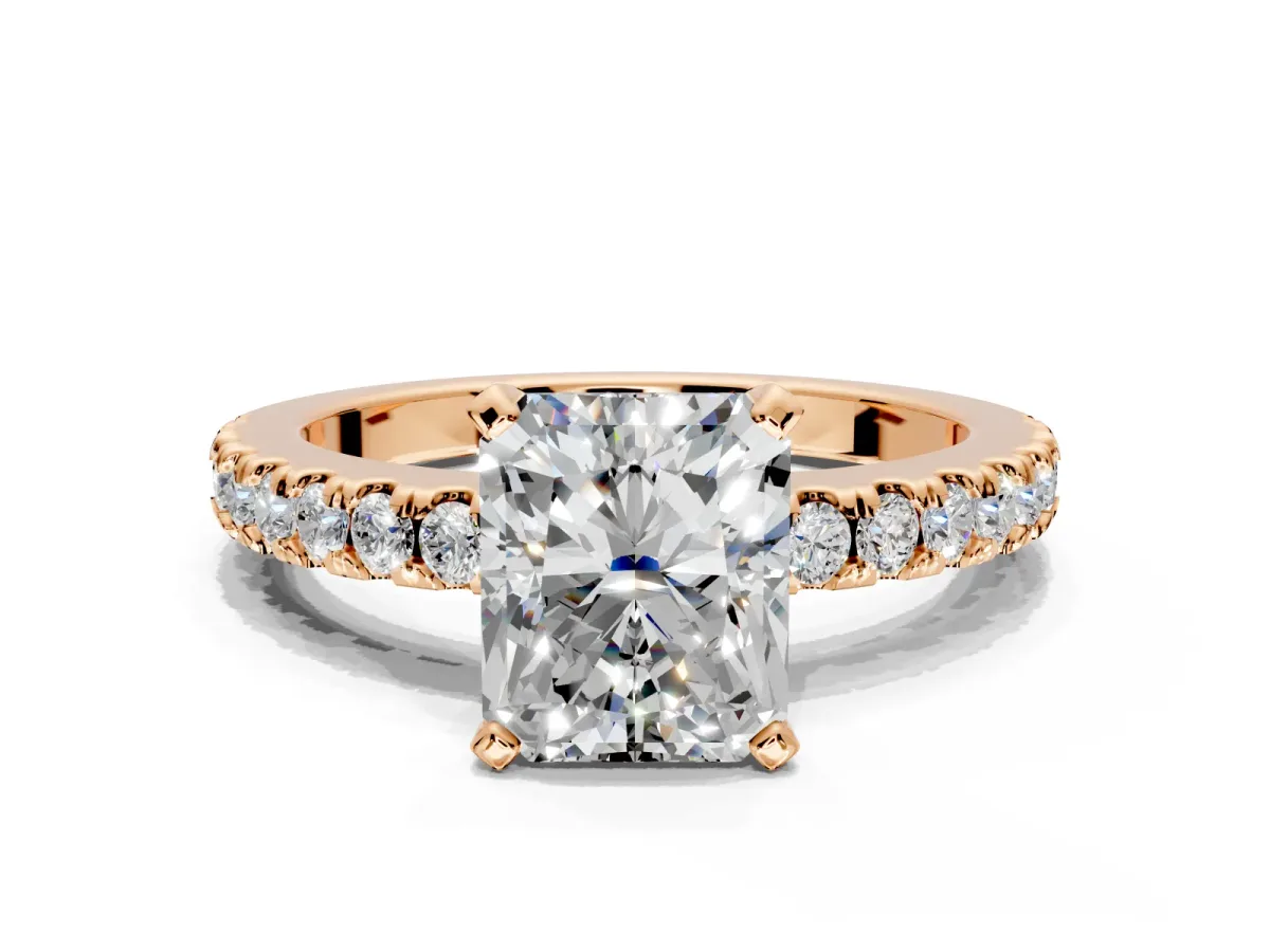 Solitaire Engagement Ring Setting for Radiant Cut Center with Single Row Accent Band and Prong Head in Rose Gold