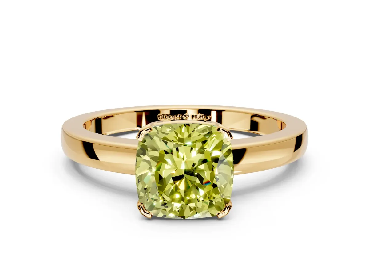 Solitaire Engagement Ring Setting for Fancy Yellow Cushion Cut Center with Plain Band and Flat Tab Prong Head in Yellow Gold