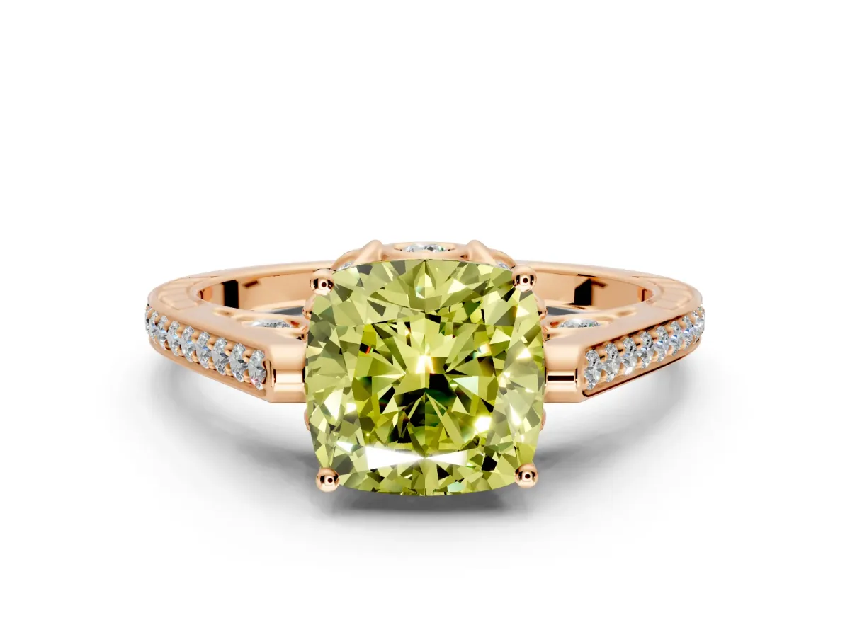 Cathedral Engagement Ring Setting for Fancy Yellow Cushion Cut Center with Antique-Style Pave Band and Prong Head in Rose Gold