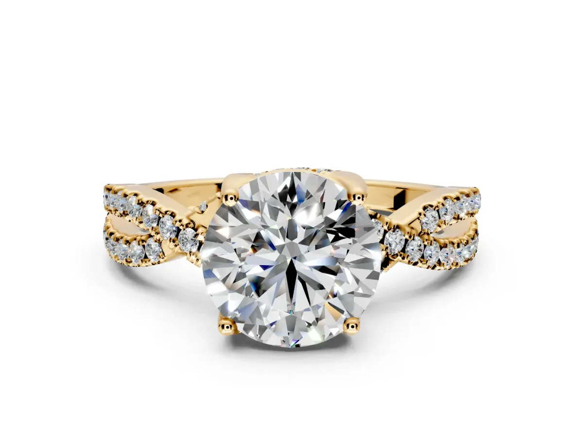 Solitaire Engagement Ring Setting for Round Cut Center with Narrow Twist Pave Band and Prong Head in Yellow Gold