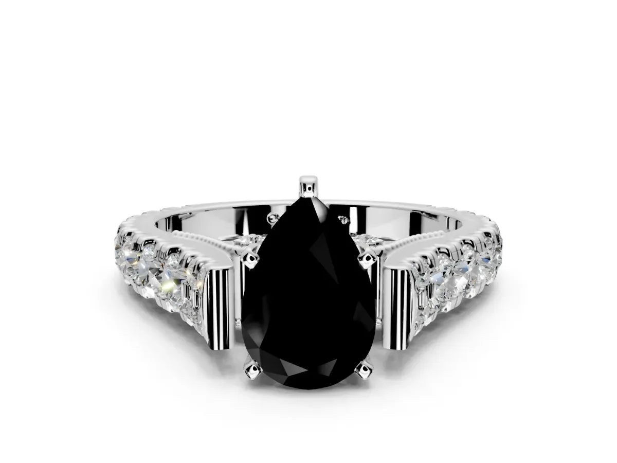 Solitaire Engagement Ring Setting for Fancy Black Pear-Shaped Center with Pave Cathedral Shoulders and Prong Head in White Gold