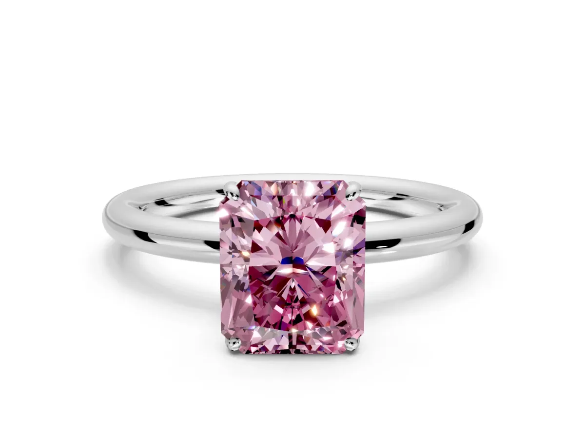 Low-Set Solitaire Engagement Ring Setting for Fancy Pink Radiant Cut Center with Thin Plain Band and Prong Head in White Gold