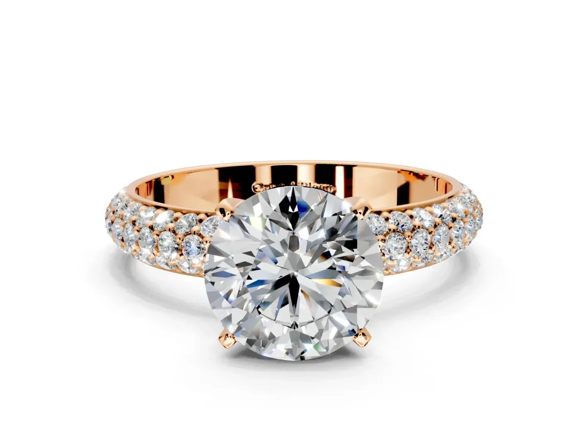 Solitaire Engagement Ring Setting for Round Cut Center with Domed Multi-Row Pave Band and Prong Head in Rose Gold