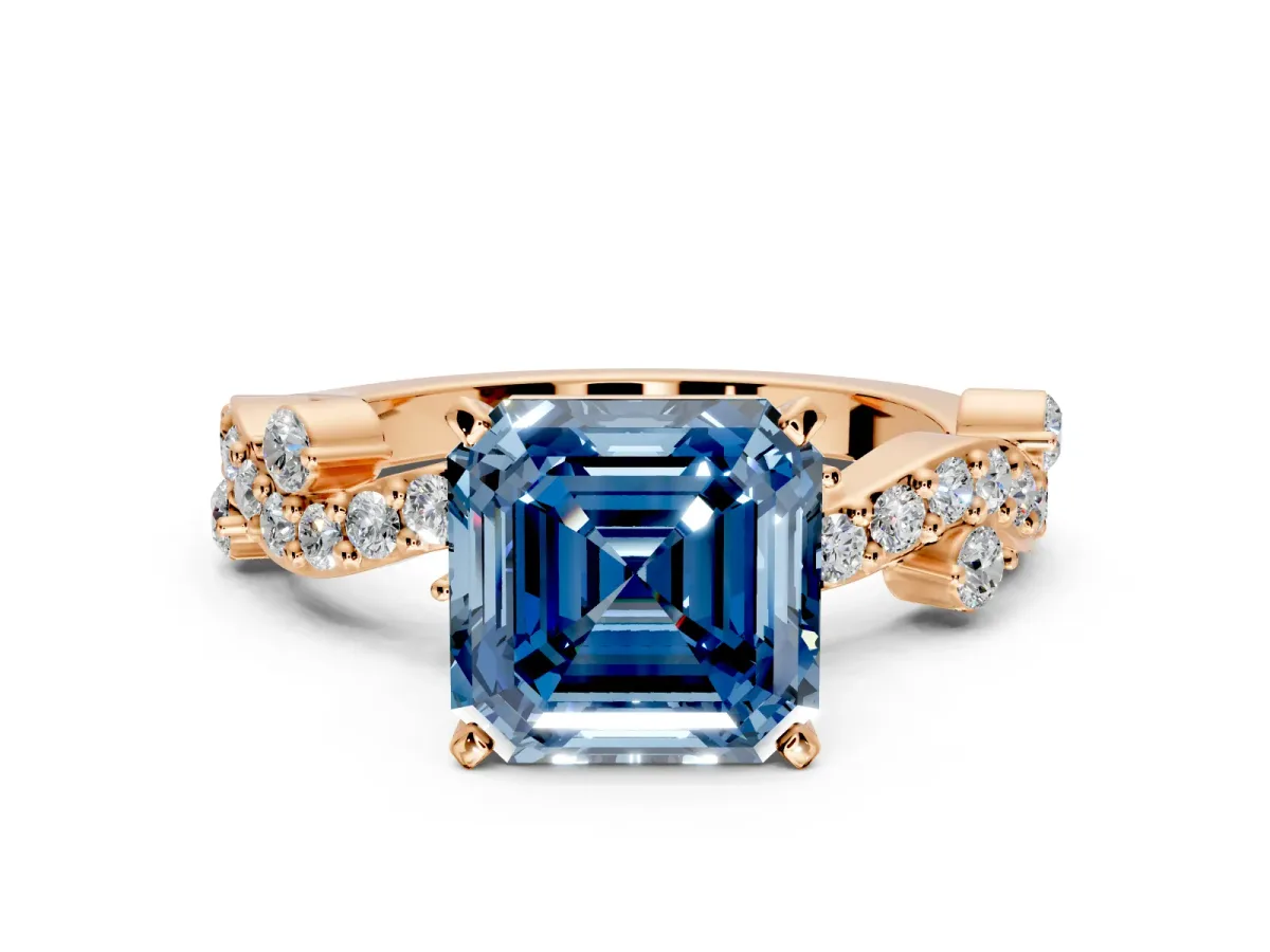 Solitaire Engagement Ring Setting for Fancy Blue Asscher Cut Center with Bar-Station Pave Twist and Prong Head in Rose Gold