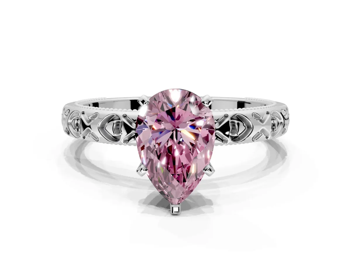 Solitaire Engagement Ring Setting for Fancy Pink Pear-Shaped Center with XO Engraved Band and Prong Head in Platinum
