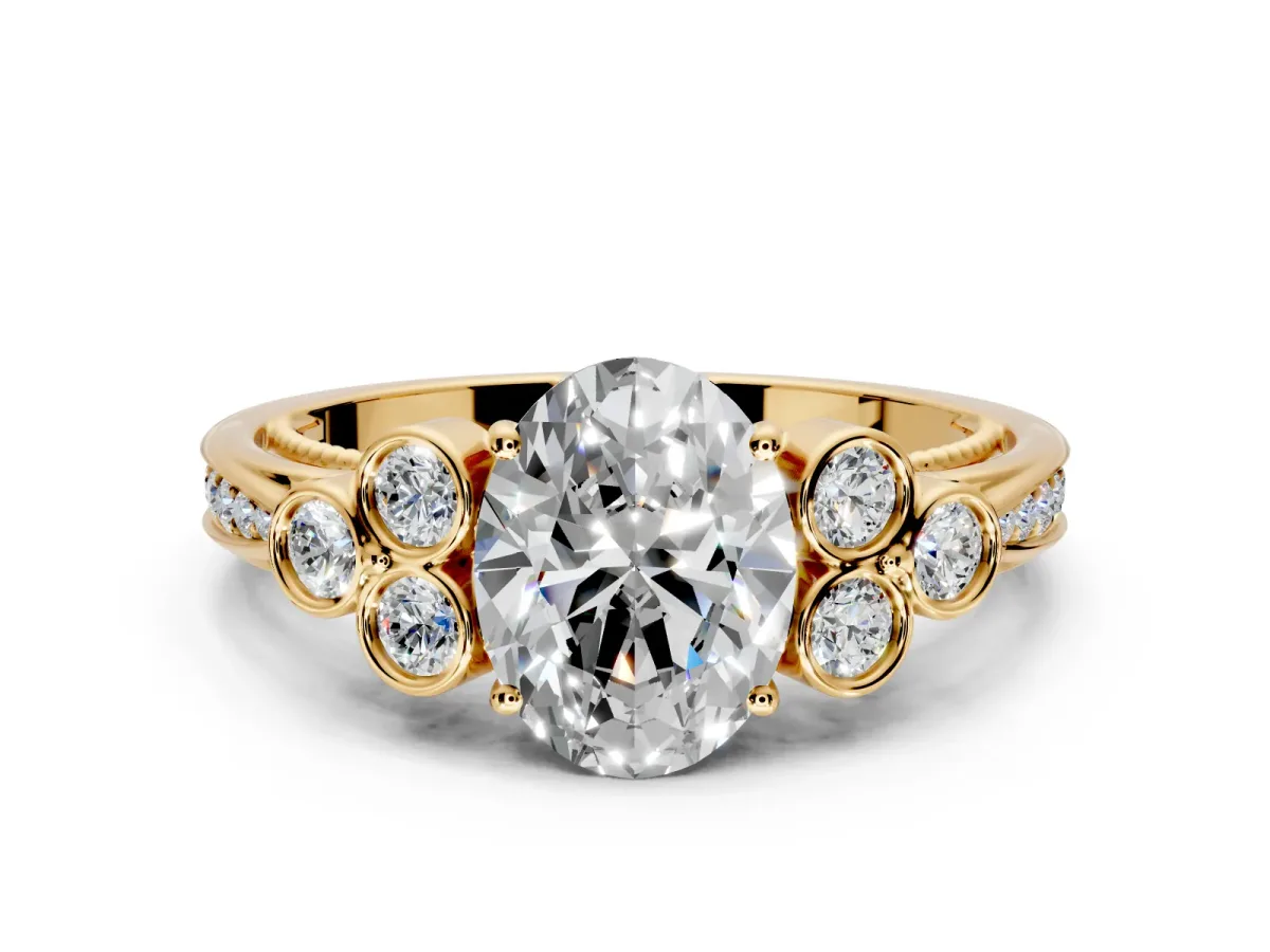 Cluster Engagement Ring Setting for Oval Center with Bezel Accent Clusters and Prong Head in Yellow Gold
