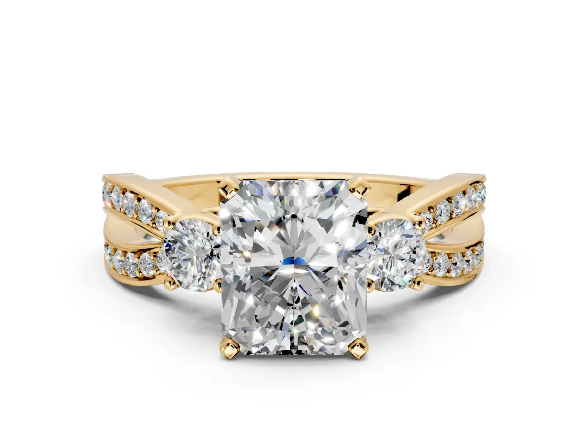 3 Stone Engagement Ring Setting for Radiant Cut Center with Pave Twist Band and Prong Head in Yellow Gold