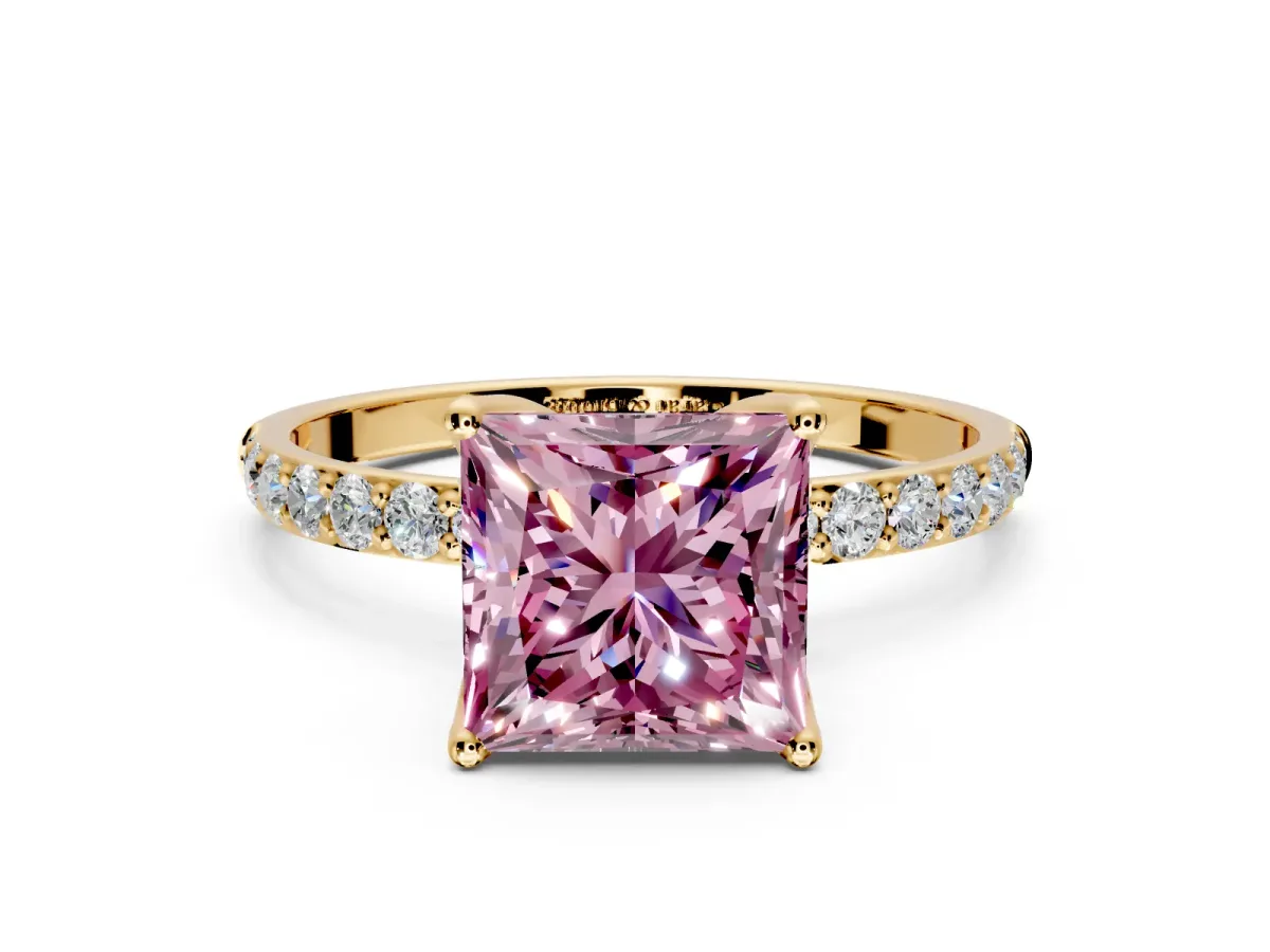 Solitaire Engagement Ring Setting for Fancy Pink Princess Cut Center with Fine Pave Accents and Prong Head in Yellow Gold