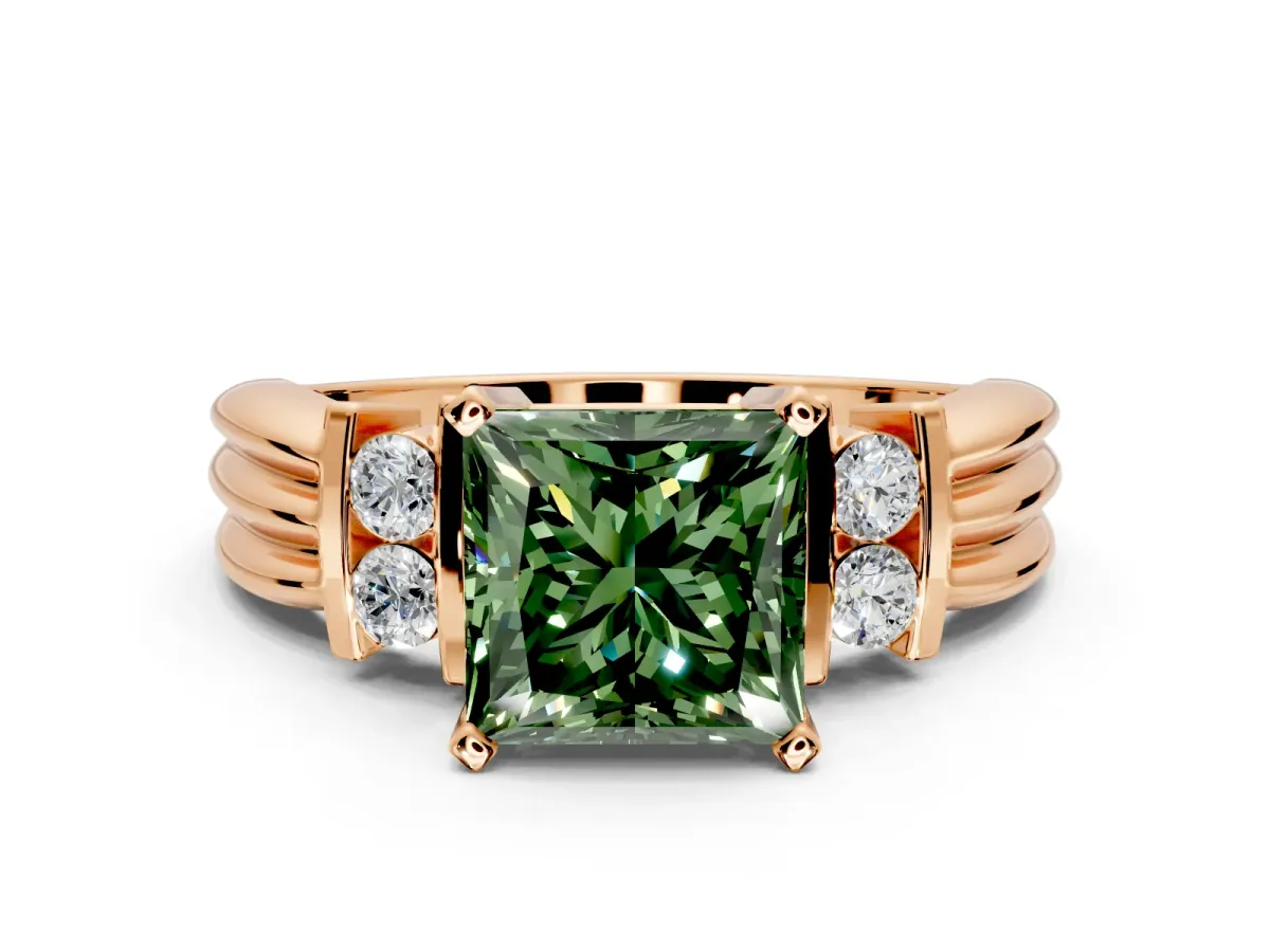 Solitaire Engagement Ring Setting for Fancy Green Princess Cut Center with Grooved Bar Accent Band and Prong Head in Rose Gold