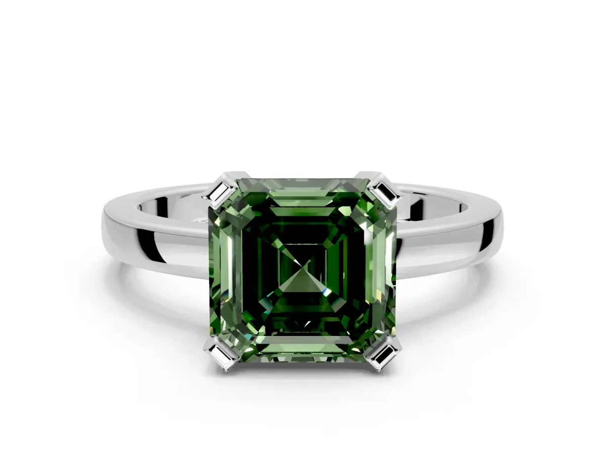 Solitaire Engagement Ring Setting for Fancy Green Asscher Cut Center with Plain Band and Flat Tab Prong Head in White Gold