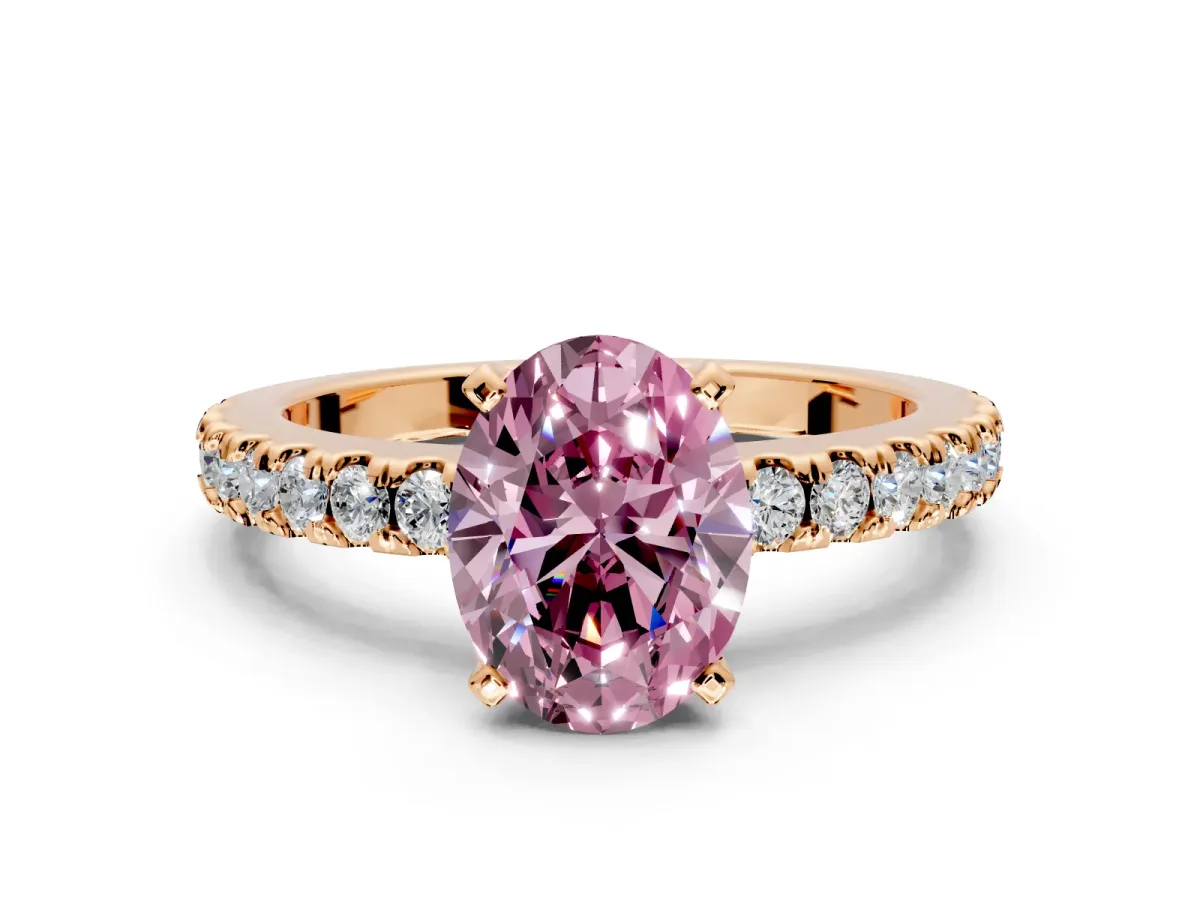 Solitaire Engagement Ring Setting for Fancy Pink Oval Center with Single Row Accent Band and Prong Head in Rose Gold