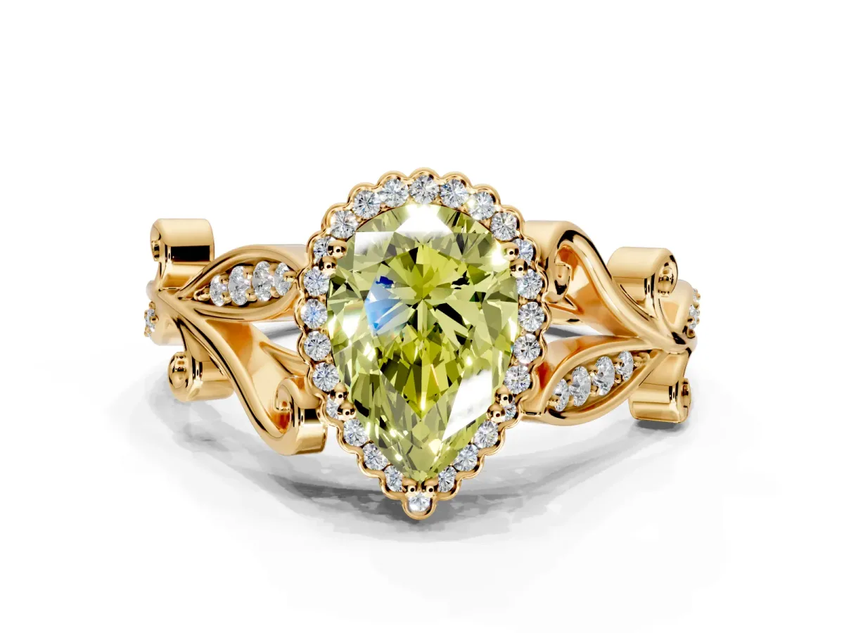 Halo Engagement Ring Setting for Fancy Yellow Pear-Shaped Center with Leaf Motif Split Shank and Prong Head in Yellow Gold
