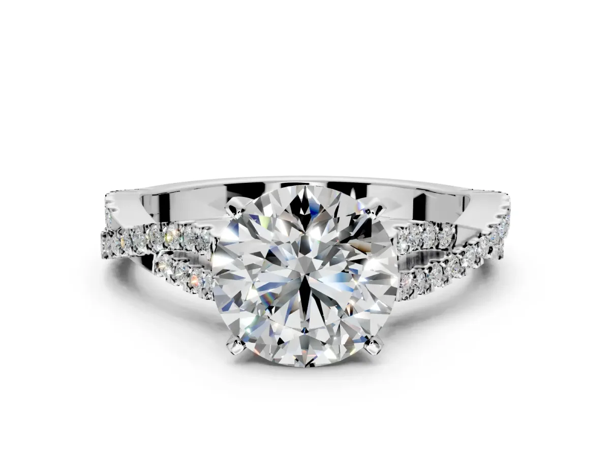 Solitaire Engagement Ring Setting for Round Cut Center with Twisted Pave Split Shank and Prong Head in Platinum