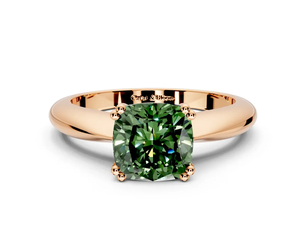 Solitaire Engagement Ring Setting for Fancy Green Cushion Cut Center with Reverse Tapered Band and Prong Head in Rose Gold