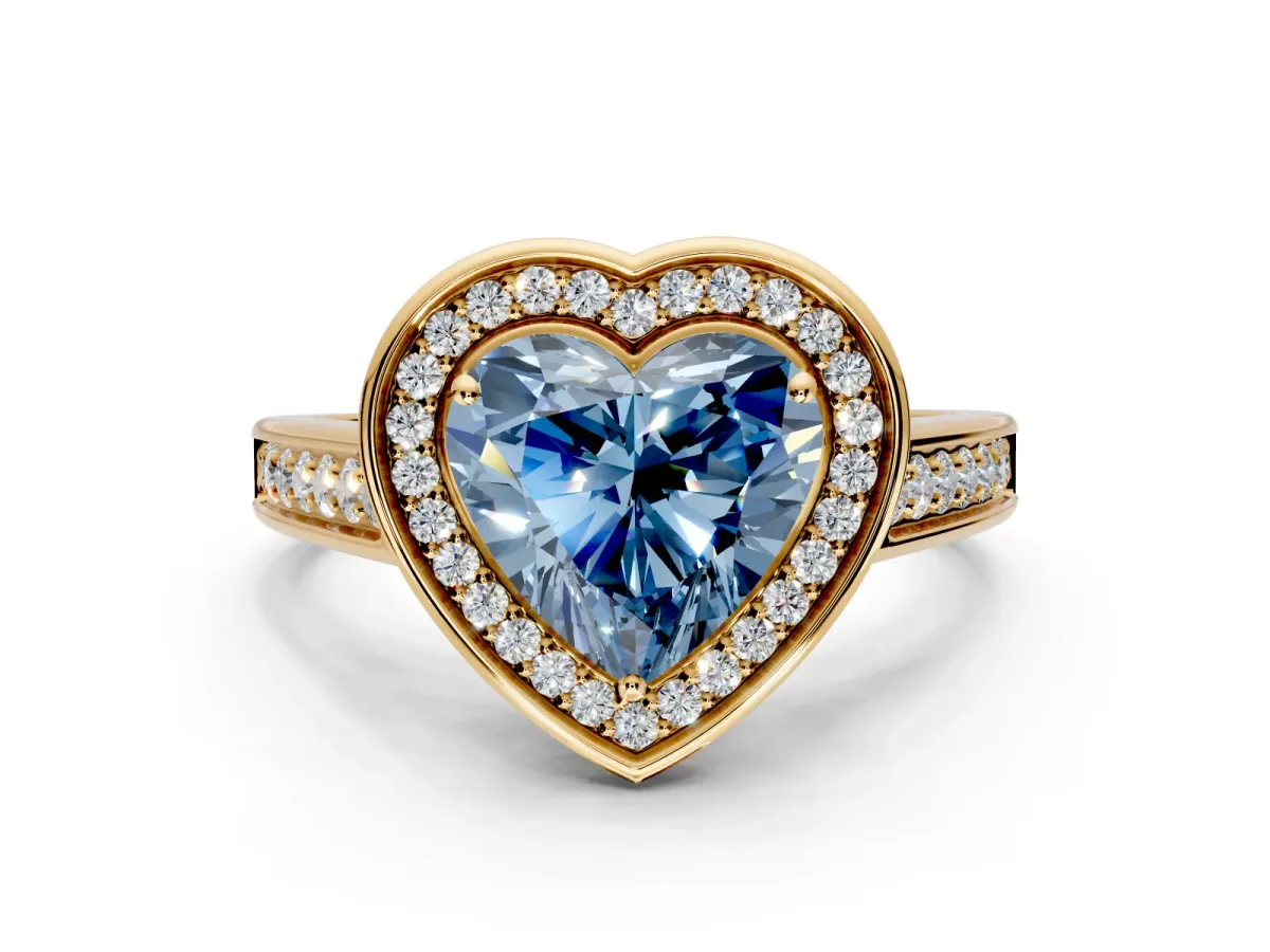 Halo Engagement Ring Setting for Fancy Blue Heart-Shaped Center with Outer Bezel Rim, Pave Band and Prong Head in Yellow Gold