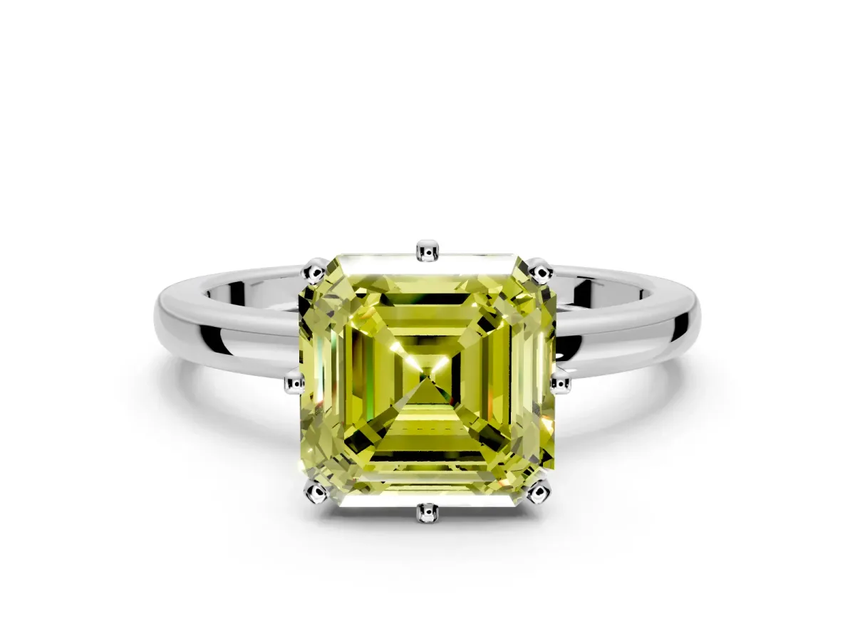 Solitaire Engagement Ring Setting for Fancy Yellow Asscher Cut Center with Plain Band and Tulip Prong Head in White Gold