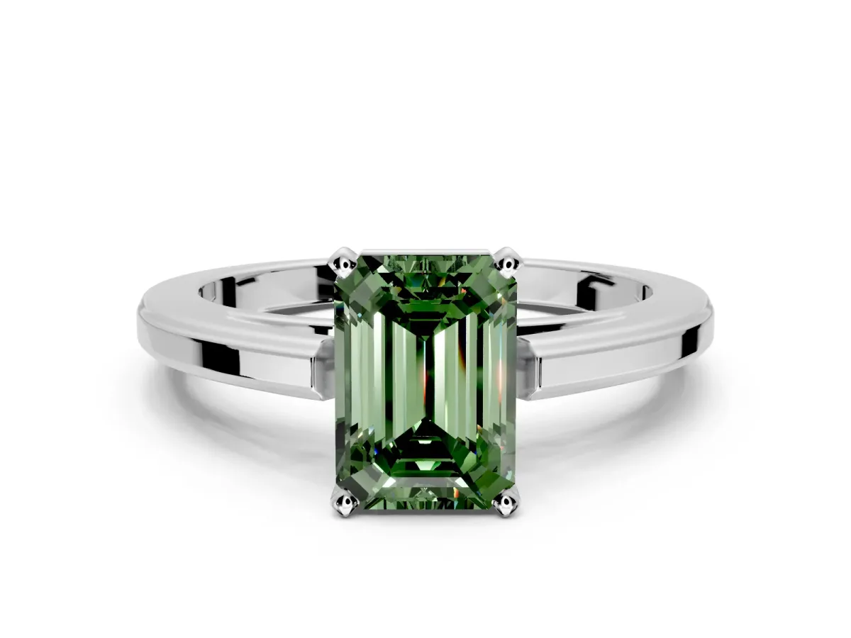 Solitaire Engagement Ring Setting for Fancy Green Emerald Cut Center with Flat-Sided Plain Band and Prong Head in White Gold