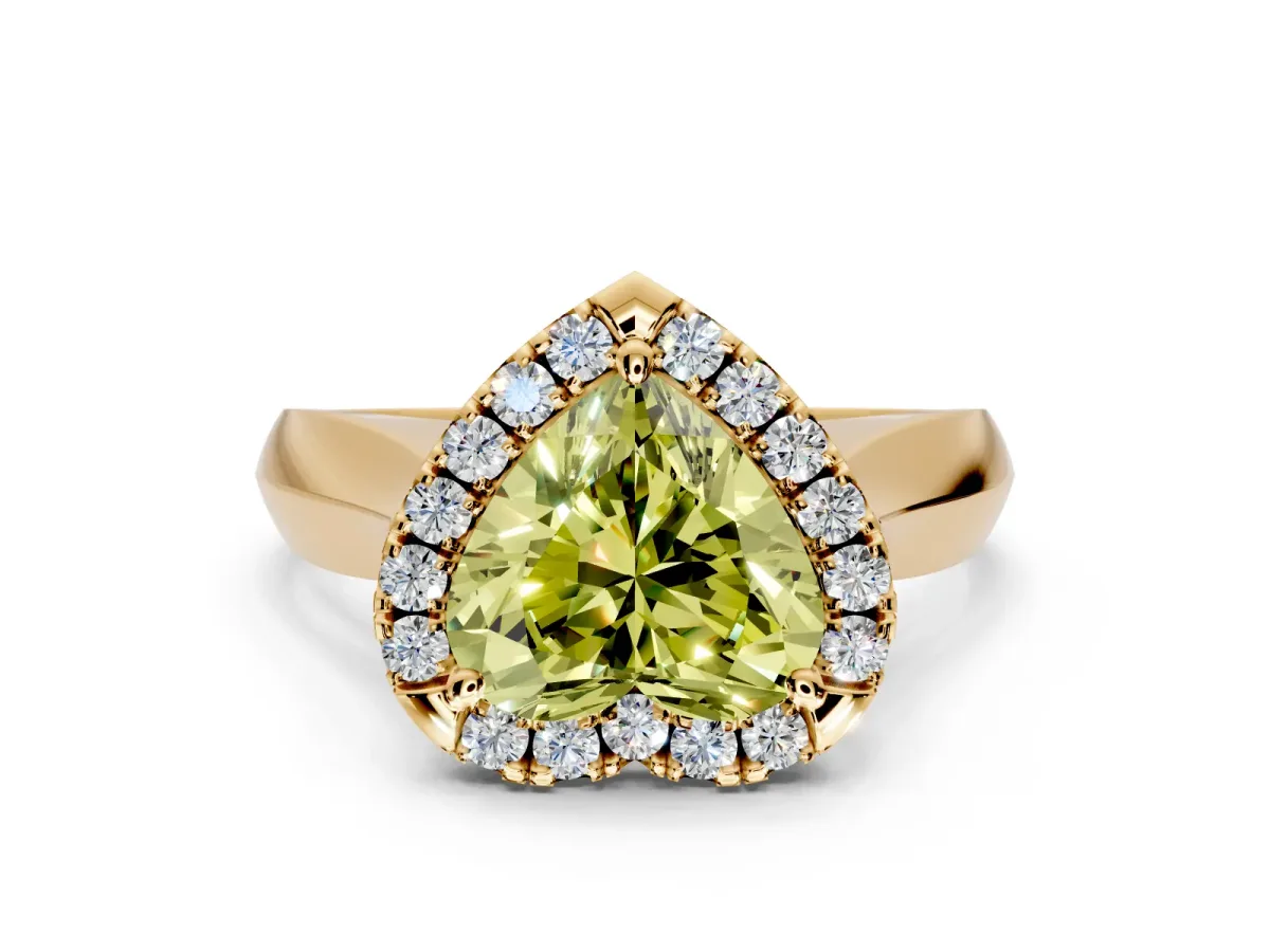 Halo Engagement Ring Setting for Fancy Yellow Heart-Shaped Center with Square Band and Prong Head in Yellow Gold