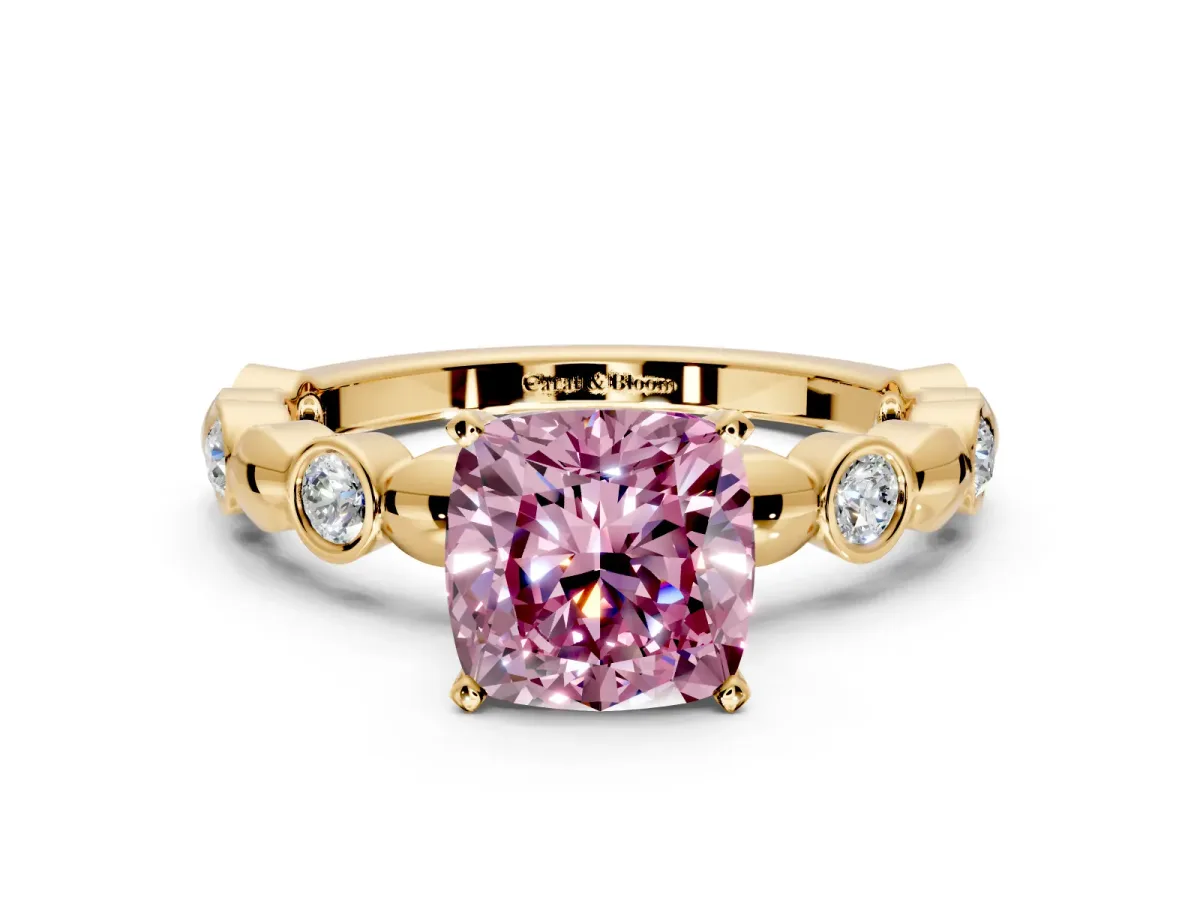 Solitaire Engagement Ring Setting for Fancy Pink Cushion Cut Center with Beaded Bezel Station Band and Prong Head in Yellow Gold