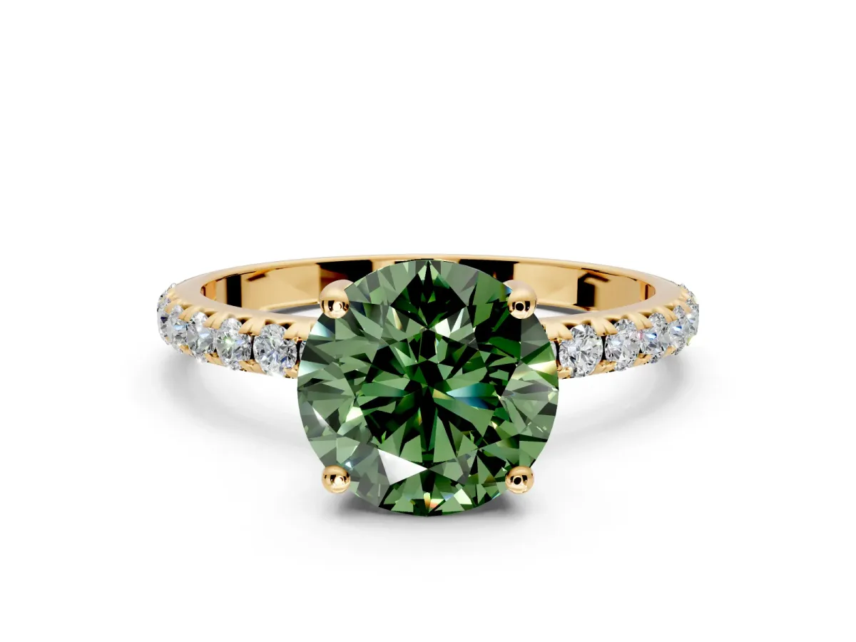Solitaire Engagement Ring Setting for Fancy Green Round Cut Center with Micro Pave Band and Prong Head in Yellow Gold