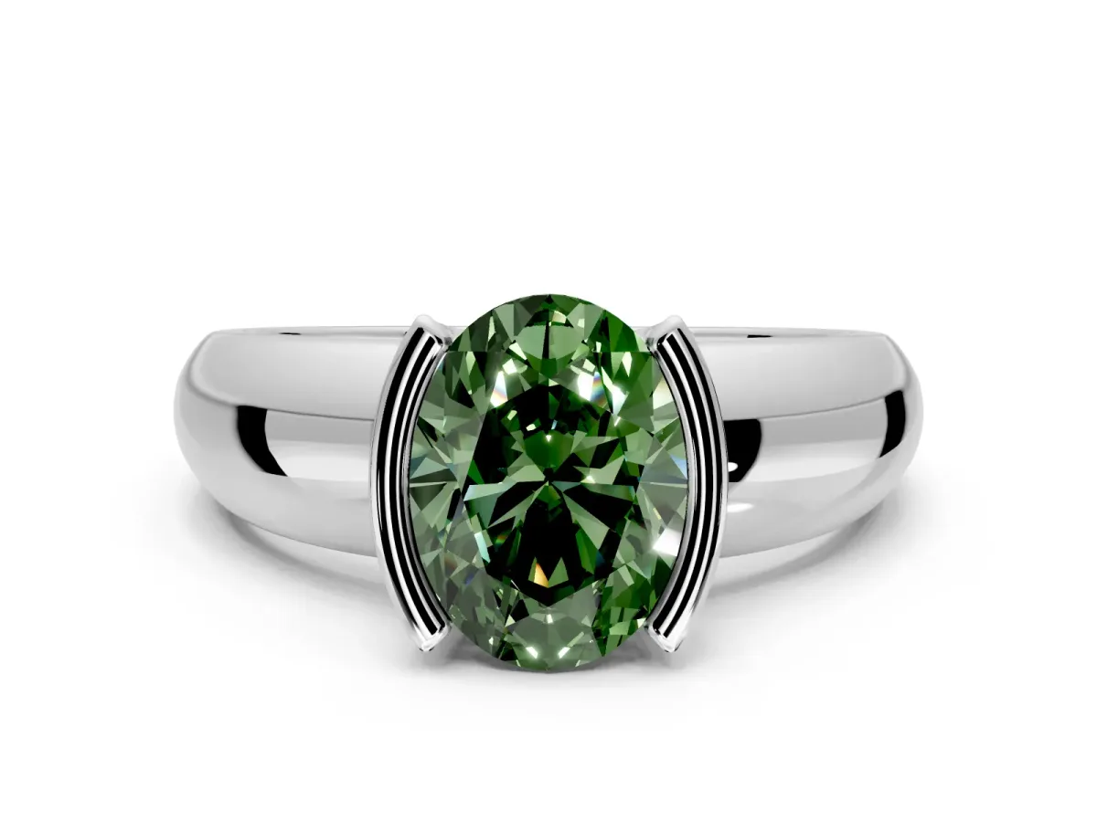 Tension Engagement Ring Setting for Fancy Green Oval Center with Wide Flat Band and Tension Head in Sterling Silver