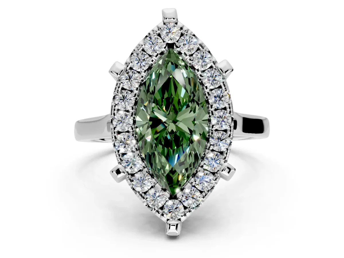 Single Halo Engagement Ring Setting for Fancy Green Marquise Center with Corner Claws, Plain Band and Prong Head in Sterling Silver