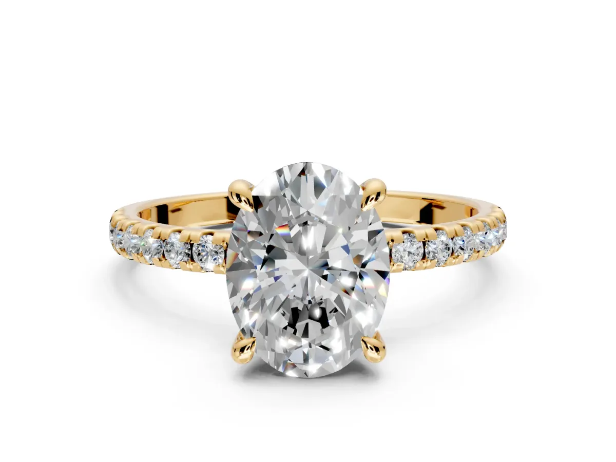 Solitaire Engagement Ring Setting for Oval Center with Fine Pave Narrow Band and Prong Head in Yellow Gold
