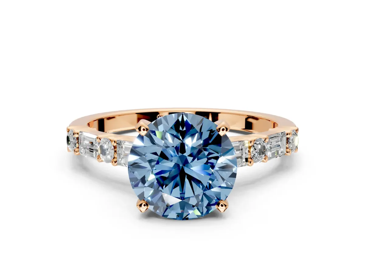 Baguette Engagement Ring Setting for Fancy Blue Round Cut Center with Alternating Bar-Set Band and Prong Head in Rose Gold