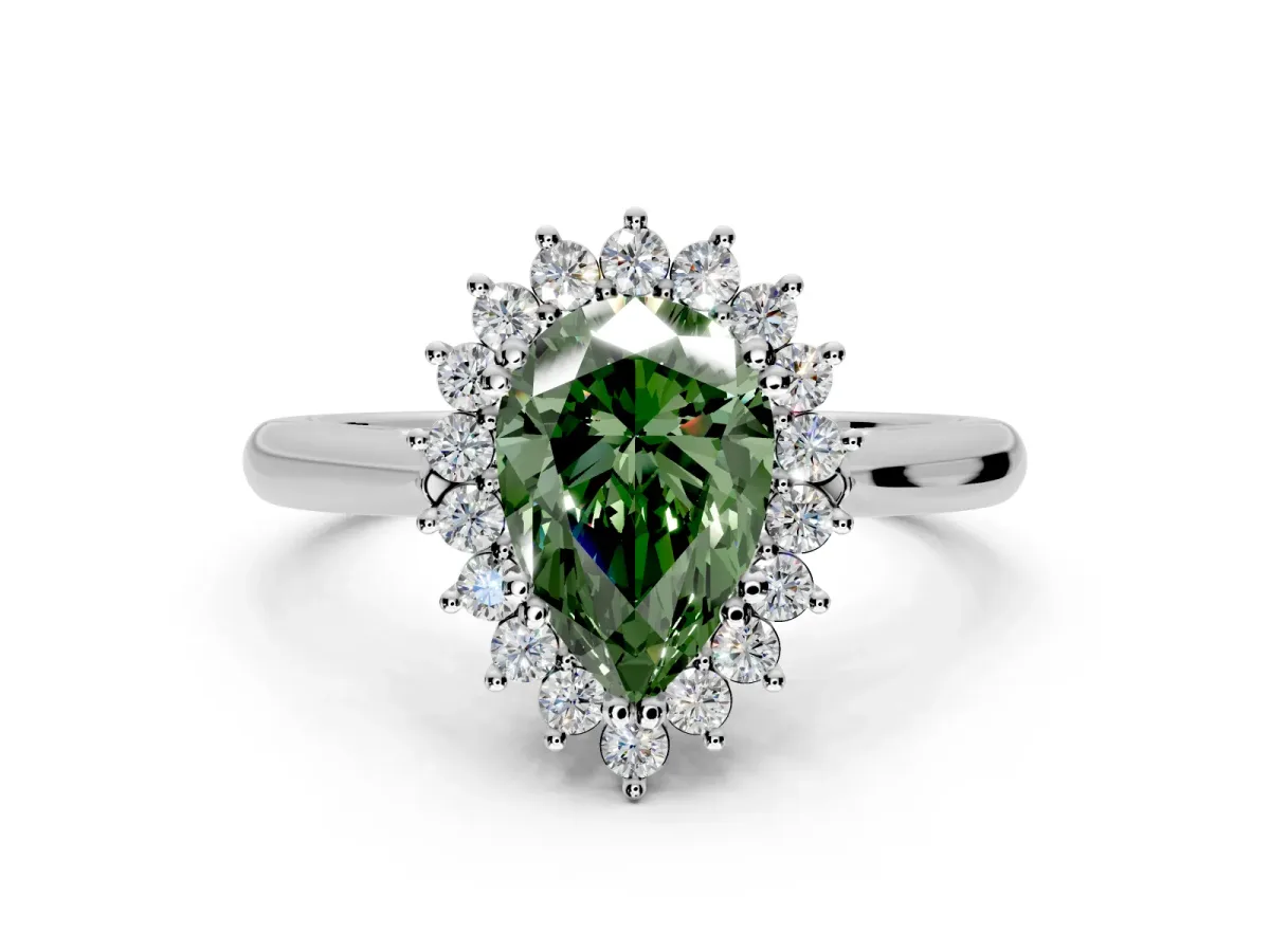 Starburst Halo Engagement Ring Setting for Fancy Green Pear-Shaped Center with Thin Round-Wire Band and Prong Head in Sterling Silver
