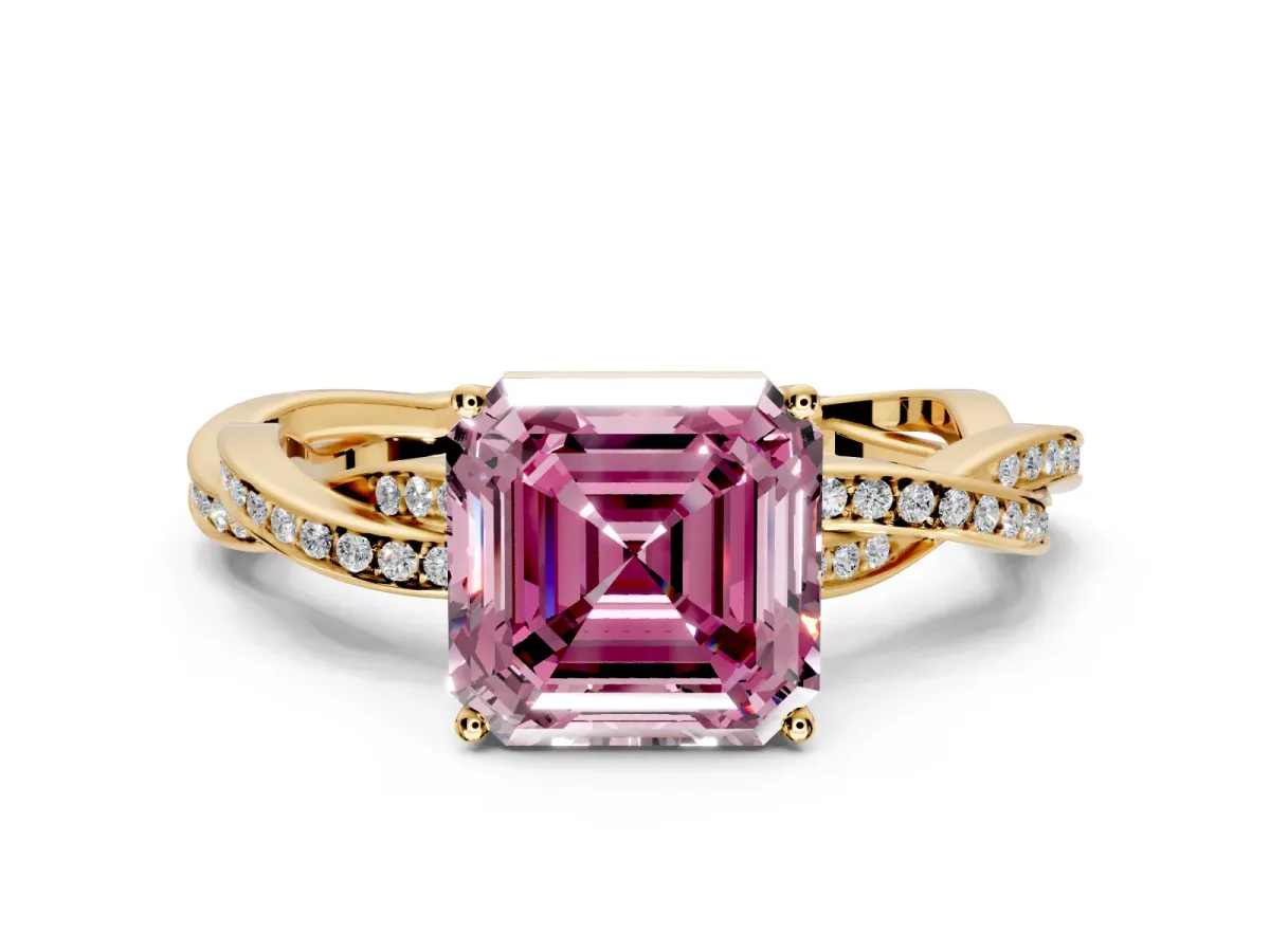 Solitaire Engagement Ring Setting for Fancy Pink Asscher Cut Center with Twisted Pave Band and Prong Head in Yellow Gold