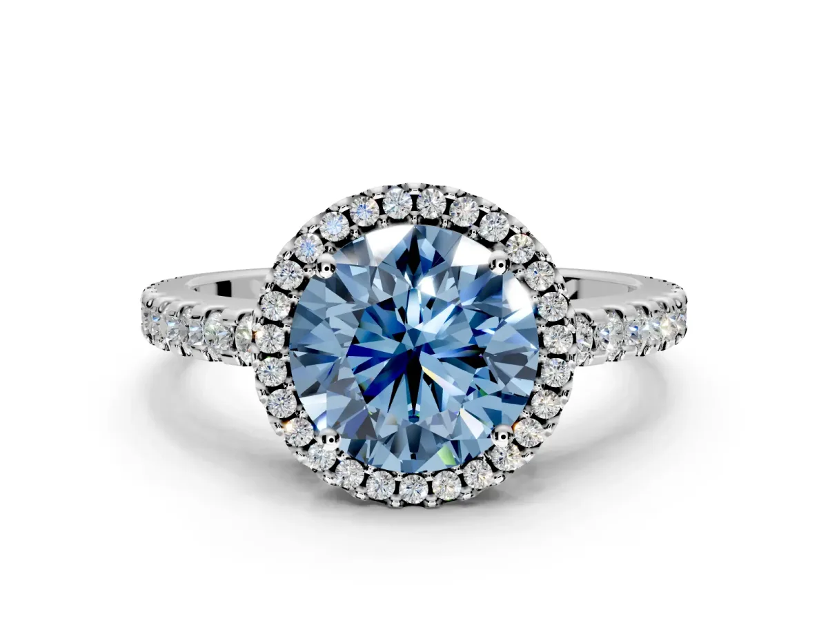 Accent Halo Engagement Ring Setting for Fancy Blue Round Cut Center with Full-Length Pave Band and Prong Head in White Gold