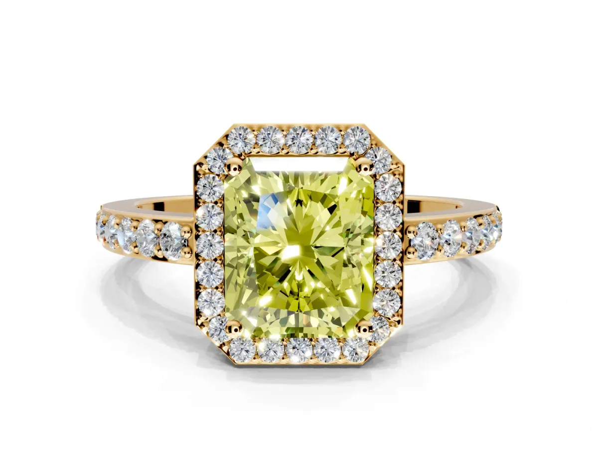 Halo Engagement Ring Setting for Fancy Yellow Radiant Cut Center with Heart-Shaped Openwork, Pave Band and Prong Head in Yellow Gold